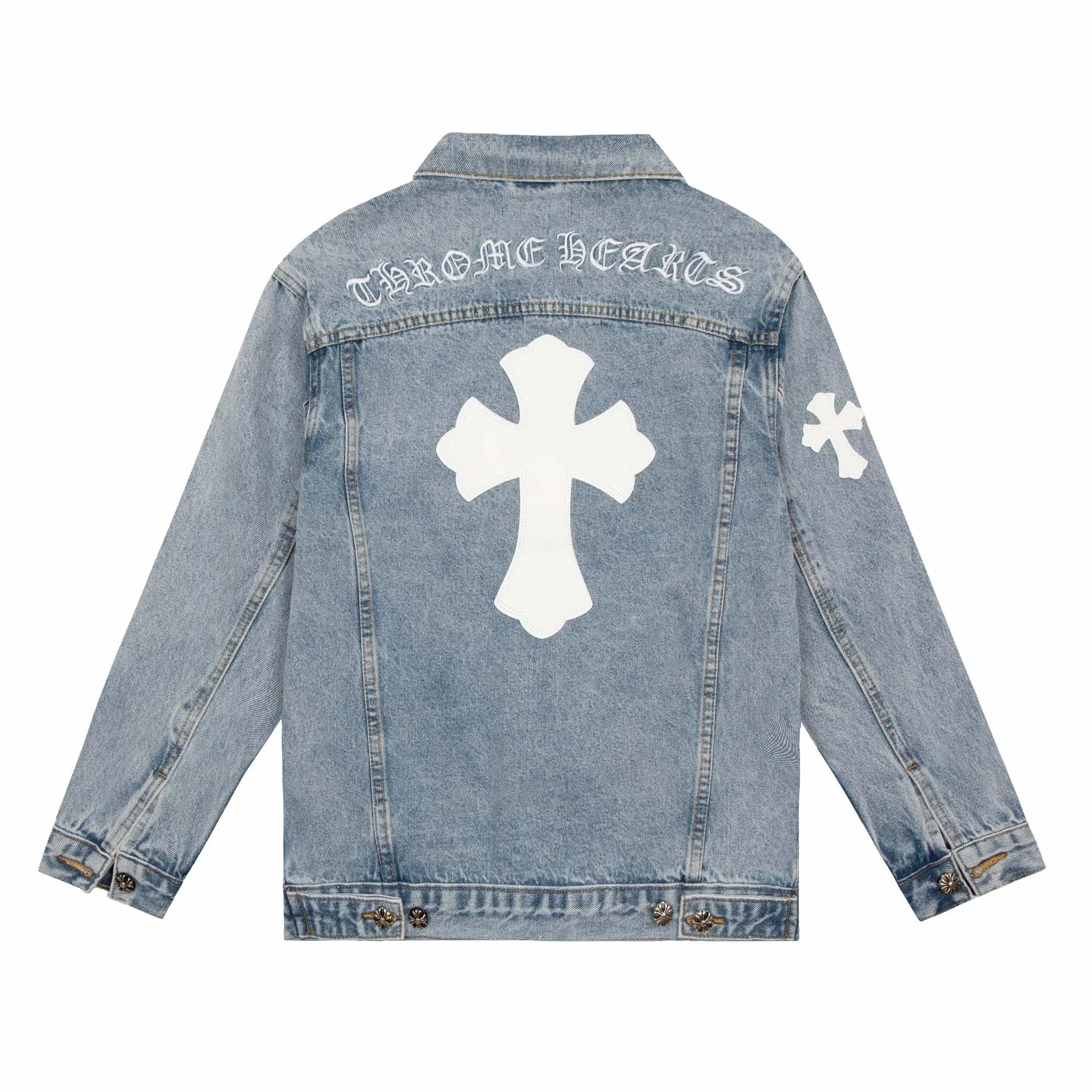P240 Style number: H122 Chrome Hearts CH cross leather label patch with Sanskrit letters for couples, washed denim jacket, shirt jacket. Super popular style is here. The best item for this weather, cool oversize style. The classic white cross logo is all over the whole dress, and the large cross leather label on the back is the finishing touch. It is generous and full of personality without being exaggerated. It is a perfect versatile style for spring and summer! It is made of 100% denim cotton fabric with heavy thread count and washed with water to ensure a stiff and tough shape while being comfortable and breathable against the skin. The high-density embroidery of Sanskrit letters is ultra-exquisite. The original molded custom buttons, large cross leather label, and Croxin's silver jewelry details are all luxurious! Casual and loose version, lazy and casual, the same style for men and women. It is very trendy to match it with sweatpants and wide-leg pants. The focus is on versatility. It can be used as a jacket in spring and autumn. Size: S-XL Color: blue